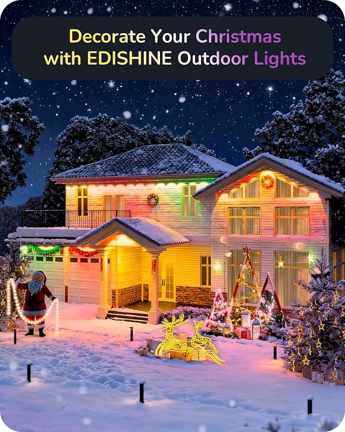 EDISHINE 120FT IP67 Waterproof Smart Outdoor Permanent Lights, RGBIC | App/Voice/Remote Control, 50 Scene Modes, LED Eave Lights, 120° Beam Angle for Daily and Festive Celebrations