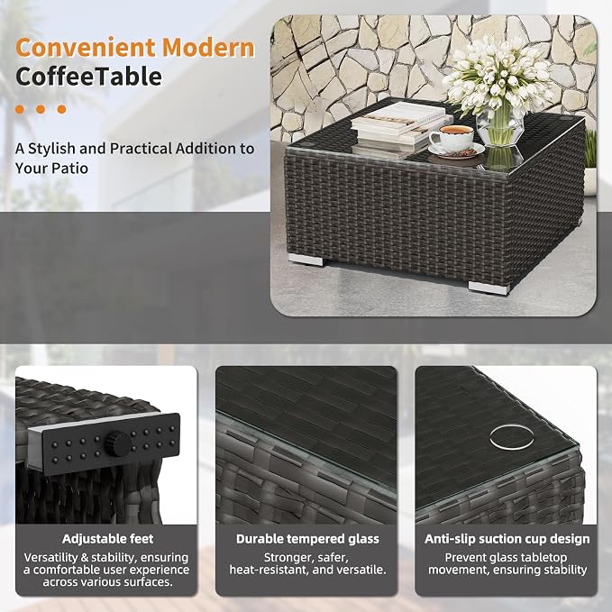 Oakcloud 7-Piece Outdoor Patio Furniture Black Rattan Wicker Sectional Sofa Conversation Set with Glass Top Table and Cushions (Grey)