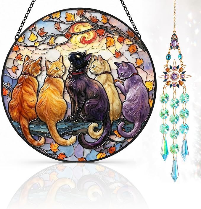 Deluxe Bundle | Stained Glass Window Hanging, Five Cats 3D Embossed Diamond Glass Suncatcher, 7-Piece Cat Lover Gift Set with Crystal Pendant & Invisible Hooks