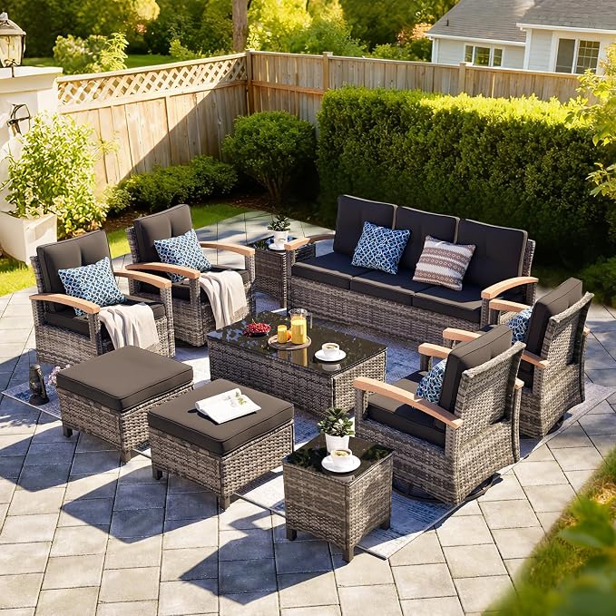 MEISSALIVVE 10 Pieces Patio Furniture Sets,Wicker Patio Conversation Sets with 4 Wood Armrests Swivel Glide Chairs, 2 Ottoman, 3-seat Sofa and Coffee Table (Black)