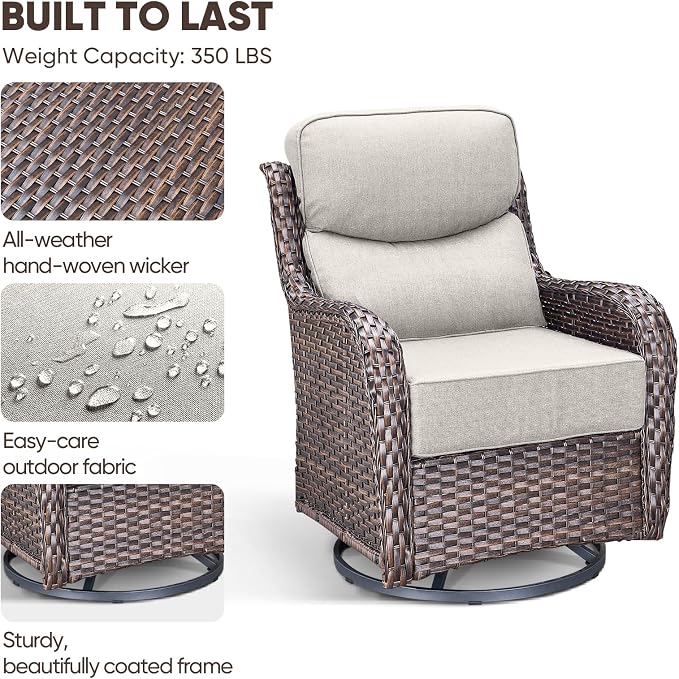 Swivel Patio Chairs Set of 3 with 6" Thick Cushion - Wicker Outdoor Swivel Rocker Patio Chairs with Side Table, High Back Comfortable Outdoor Glider Chair - Brown Wicker | Beige Cushions