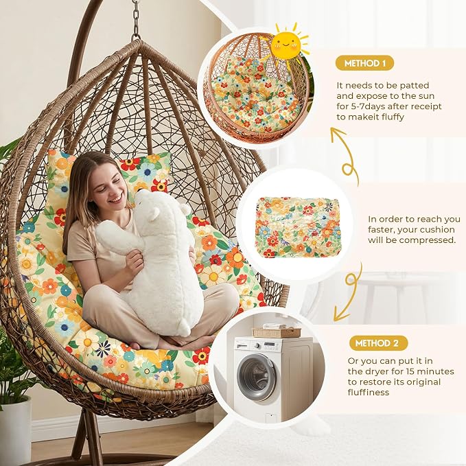 Outdoor 45" Round Egg Chair Cushion Replacement Waterproof Yellow Daisy | Thicken Pad with Headrest Pillow, Hanging Swing Wicker Egg Chair Cushions, Suitable for Garden Office
