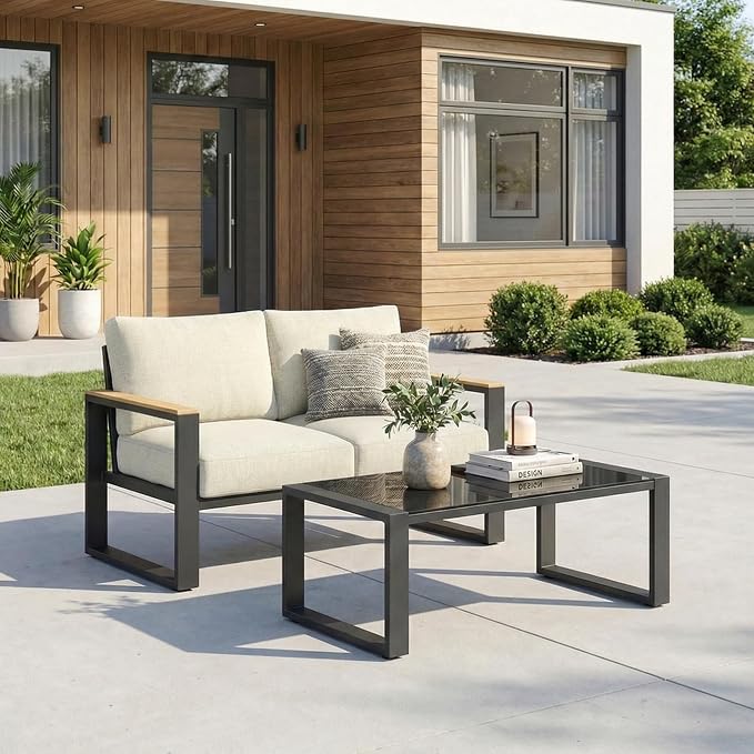 RoyalCraft Aluminum Outdoor Patio Furniture Set with Height-Adjustable Footrest, 2 Pieces All-Weather Patio Sofa Sets with Coffee Table for Porch Backyard Garden Patio, Beige