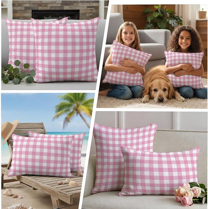 Rose Pink Checks Outdoor Pillow Covers 20"x12" Set of 2, Gingham Plaid Abstract Modern Minimalist Waterproof Throw Pillow Covers for Patio Furniture, Decorative Cushion Covers for Porch