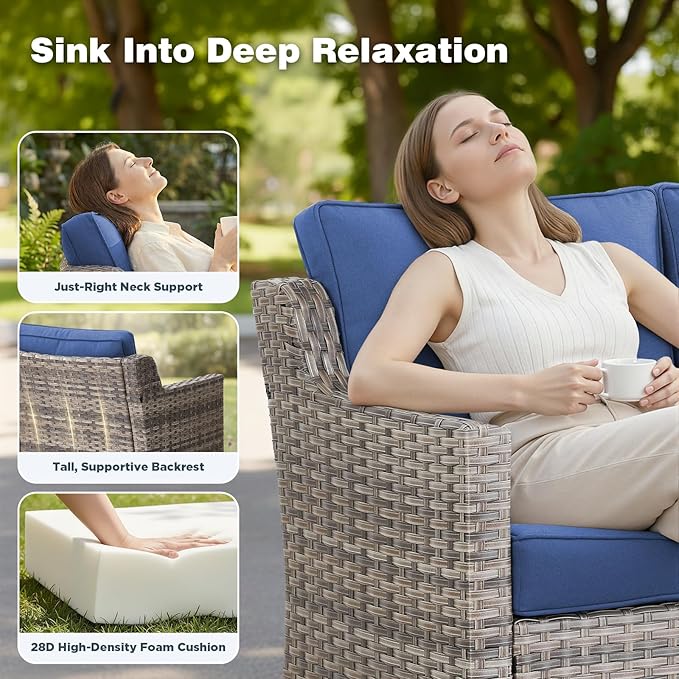 Belord Patio Wicker Swivel Rocker Patio Chairs with 3-Seater Sofa, Outdoor Rattan Chairs for Deck Porch Garden, 5 Piece Patio Conversation Furniture Set,Blue