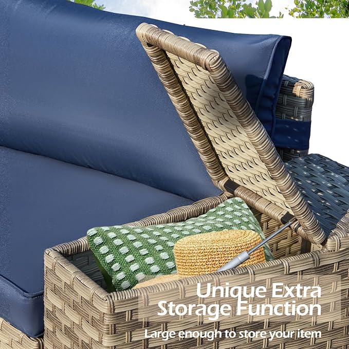 ECOTOUGE Large Half-Moon Outdoor Patio Furniture Set, 9 Piece Wicker Rattan Patio Sectional Furniture Sofa Set Conversation Set for Pool Backyard Balcony Garden(Blue)