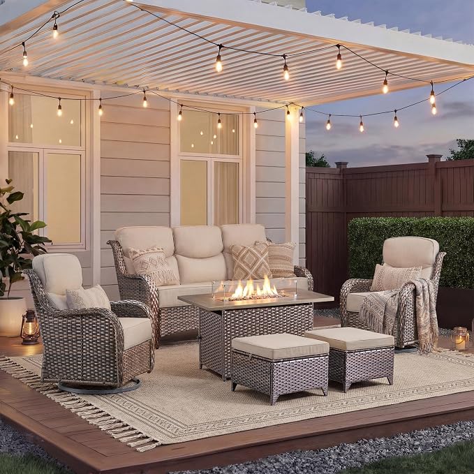 Luxury Patio Furniture Set with Fire Pit Table-6 Pieces All Weather Outdoor Swivel Rocker Chairs with Sofa and Ottomans. Outdoors Patio Conversation Sets for Porch Deck Garden Backyard(Brown/Beige)