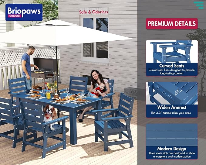 BRIOPAWS Outdoor-Dining-Set | 7 Piece | HDPE | 67" Patio Table and Chairs Sets for 6 | Patio Dinner Furniture | All Weather | Umbrella Hole | for Poolside Deck Backyard Outdoors | Blue