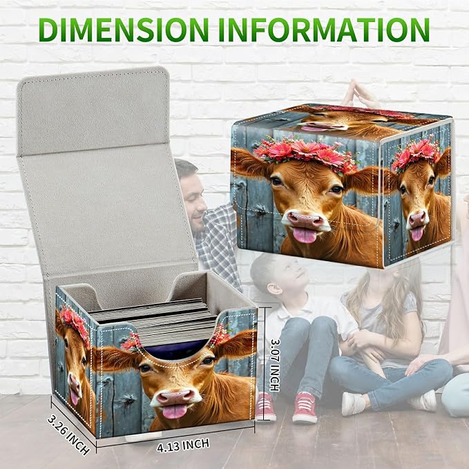 Card Deck Box for MTG, Cards Storage Box Fits 120+ Sleeved, Leather Small Size Strong Magnetic Closing Card Case for Board Games Magic TCG CCG Baseball Collection, Pink Flower Cow