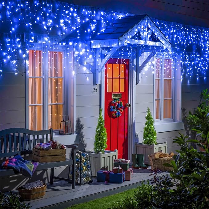 Blue Christmas Lights Outdoor Icicle Lights for Outside 33ft 400 LED Lights | Clear Wire Connectable String Lights with 8 Modes Timer Waterproof for House Window Party Tree Holiday Patio Yard Home Decor