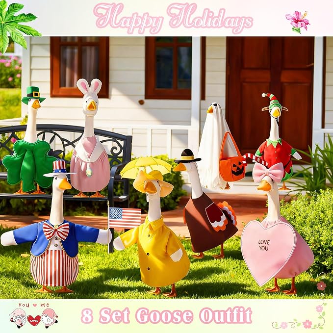 FuWeave 8 Set Holiday Porch Goose Outfits 17'' Goose Clothes Summer Fall Halloween Christmas Winter Thanksgiving Valentine St. Patrick Easter 4th of July Lawn Porch Geese Costume for Patio Yard Decor