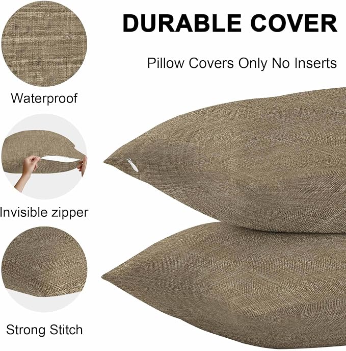 Vandarllin Outdoor Throw Pillows Covers 26x26 inch Set of 2 Waterproof Brown Linen Decorative Zippered Cushion Covers for Patio Furniture, Farmhouse Pure Color Lumbar Pillowcases