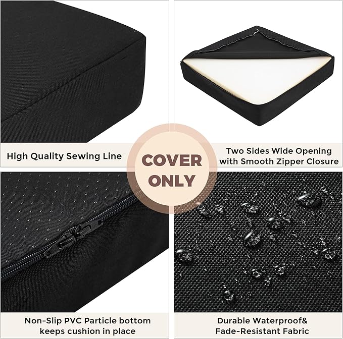 FUNHOME Outdoor Cushion Covers 22 x 22 x 4 inch,Set of 2,Non-Slip Grips Bottom,Replacement Cushion Covers for Garden Patio Furniture Couch Chair,Fade-Resistant Slipcover Only,No Insert(Black)