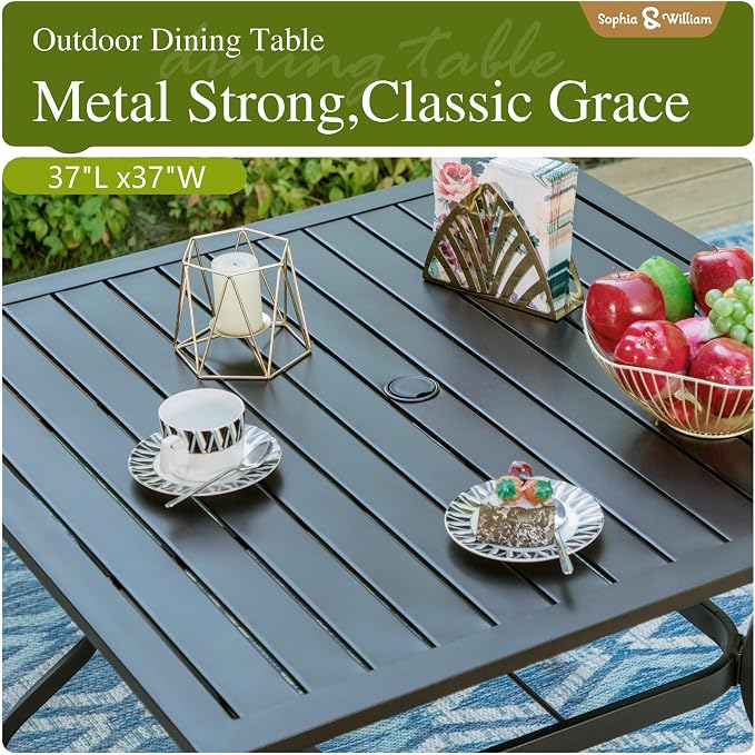 Sophia & William Patio Dining Set with 10ft 3 Tier Auto-tilt Beige Umbrella, 6 Piece Outdoor Table and Chairs with 4 Padded Swivel Rocker Dining Chairs, 1 Square Metal Table and 1 Umbrella Navy Blue