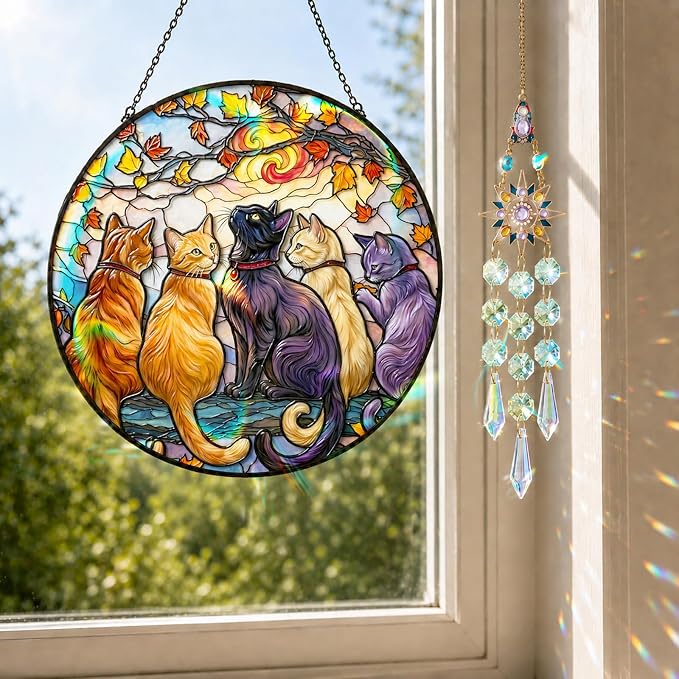 Deluxe Bundle | Stained Glass Window Hanging, Five Cats 3D Embossed Diamond Glass Suncatcher, 7-Piece Cat Lover Gift Set with Crystal Pendant & Invisible Hooks