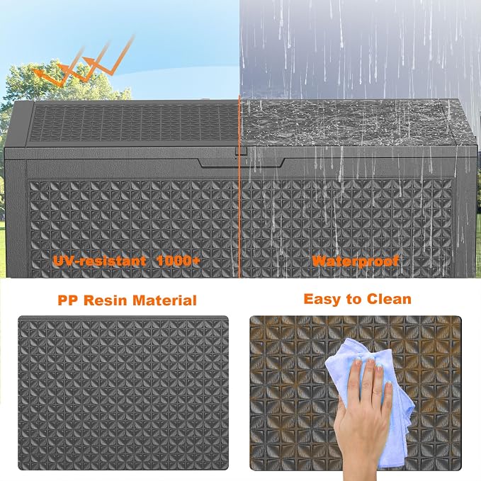 PatioZen 110 Gallon Resin Deck Box, Lockable Patio Outdoor Storage Box for Furniture, Garden Tools and Tools Storage, Waterproof Outside Storage Boxes - Patterned black