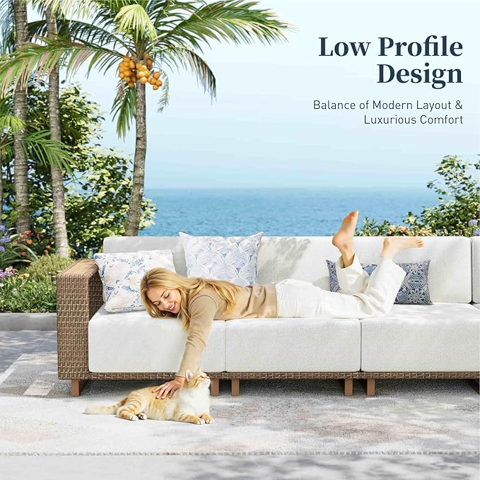 SUNSHINE VALLEY L Shaped Patio Furniture, Outdoor Sectional Sofa with 10''Ultra-Thick Cushions, Yellow Rattan Wicker Patio Conversation Set, Low Profile Lawn Garden Backyard Furniture