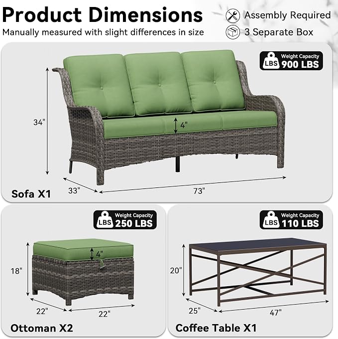 4-Piece Outdoor Couch Set, Includes Wicker Patio Sofa with Thickened Olefin Cushions, High Back and Deep Seating, Hand-Woven PE Rattan and 2 Ottomans, 1 Coffee Table for Porch, Deck
