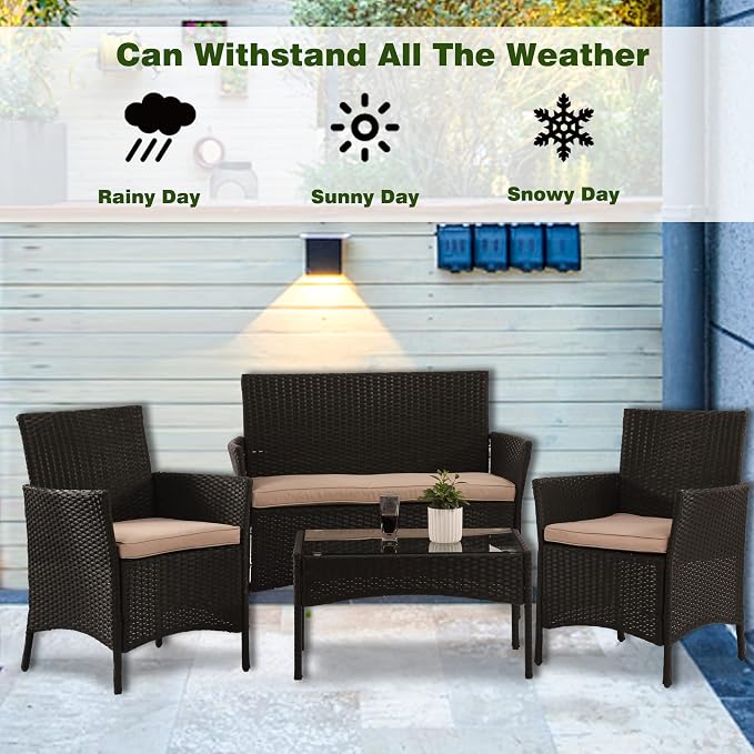 PayLessHere 4 Pieces Patio Furniture Set Rattan Outside Furniture Wicker Sofa Garden Conversation Sets with Soft Cushion and Glass Table for Yard Pool or Backyard,Black