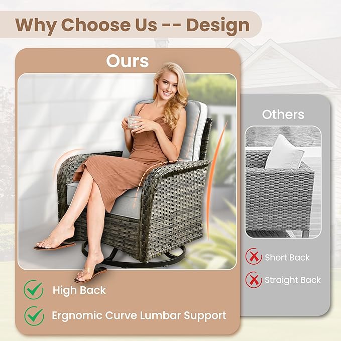 HOOOWOOO Patio Furniture Set,3 Pieces Outdoor Conversation Set,All Weather Wicker High Back Swivel Chairs Bistro Set with Side Table,Light Gray