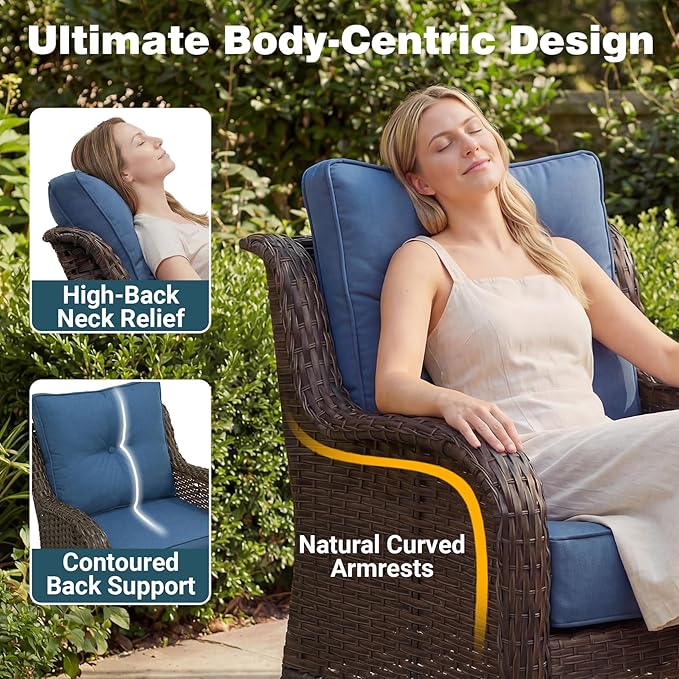 Luxury Patio Conversation Set, 3-Piece Ergonomic High Back Wicker Swivel Chair Set with 6-Inch Deep Seating Cushions, Large Patio Furniture Set for Garden, Deck & Balcony, Navy Blue