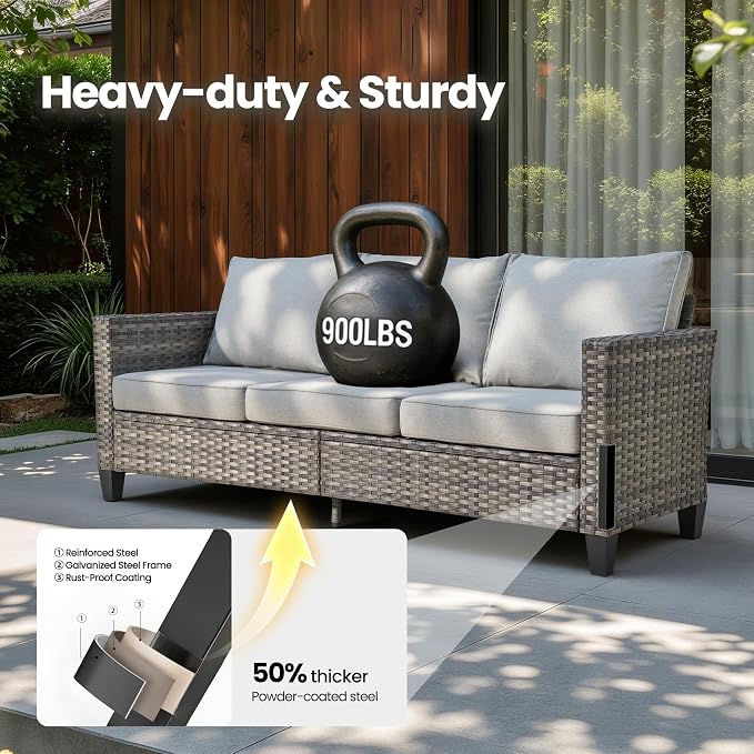 4 Piece Wicker Patio Furniture Set with Solar Table, Gray | Outdoor Deep Seating Sofa Chair, Solar Lights Table, All Weather Rattan, Modern Conversation Set, Porch Deck Backyard