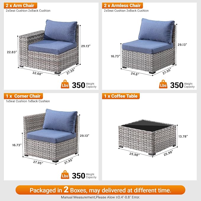 6 Pieces Patio Furniture Set, Outdoor Wicker Sectional Sofa with 7.7" Extra Wide Armrests, Modern Rattan Modular Conversation Set with Thickened Deep Seat Cushions for Garden Backyard, Denim Blue