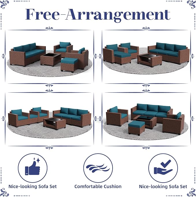 KIGOTY Patio Furniture Set 7 PCS Patio Conversation Sets, All-Weather PE Rattan Outdoor Sectional Sofa with Cushion and 2- Tier Glass Coffee Table（Brown/Peacock Blue）
