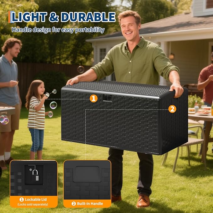 50 * 22 * 25 Inch Brown Resin Deck Box, 99 Gallon Outdoor Storage Box– Waterproof Lockable Outdoor Storage, Patio Container for Cushions/Garden Tools/Pool Accessories -With Gas Strut Black