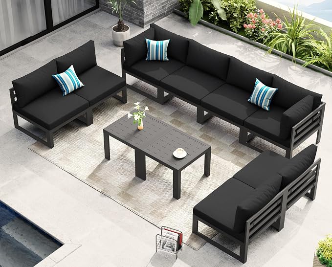 NICESOUL 10 Piece Oversized Modular Aluminum Outdoor Furniture Set, 29" Deep Wide Sectional Seating, 500 lbs High Weight Capacity Weather Resistant Patio Conversation Set for Backyard Poolside, Black