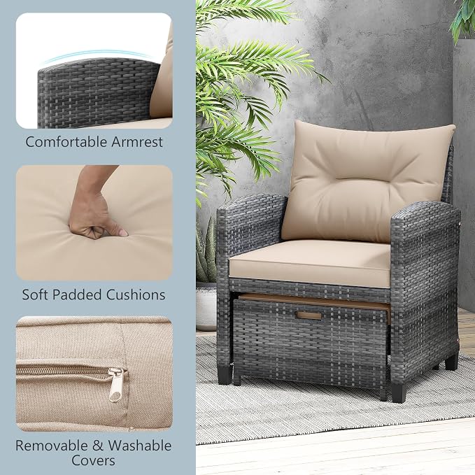 ORALNER 5 Pieces Patio Furniture Set with Ottoman, Wicker Conversation Set w/Cushions, Glass Coffee Table, Outdoor Lounger Rattan Chairs Bistro Set for Porch Balcony Garden Deck Poolside (Beige)