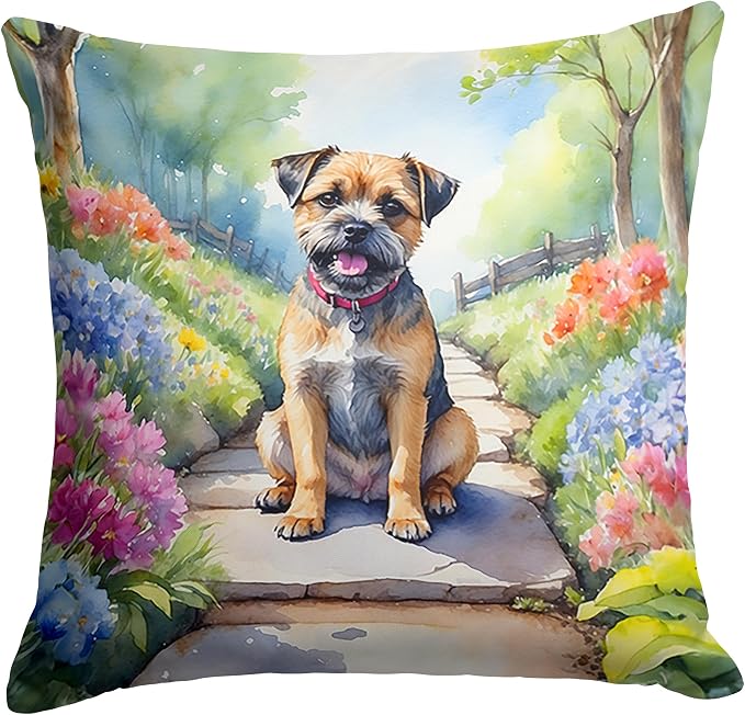 Caroline's Treasures Border Terrier Spring Path Throw Pillow Machine Washable, Indoor Outdoor Decorative Pillow for Couch, Bed or Patio, 14Hx14W