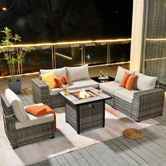 HOOOWOOO Outdoor Patio Sectional Furniture Sofa Set with Propane Gas Fire Pit Table,7 Piece Small Modern Wicker Couch with Widened Armrest,Modular Conversation Seating Set for Out Door(Beige Tan)