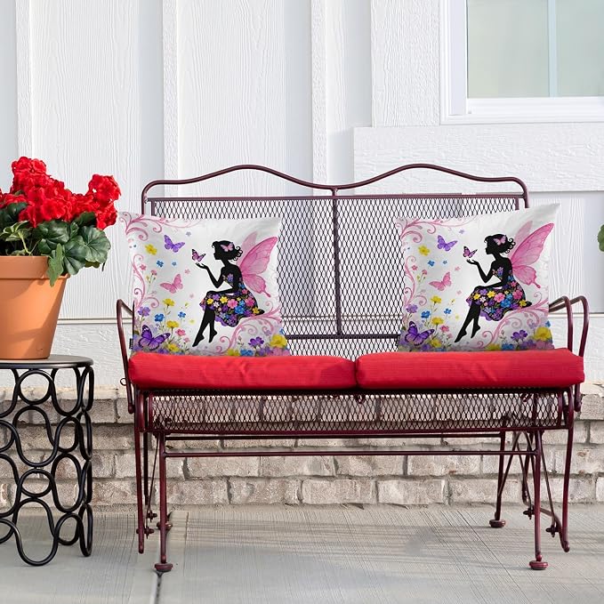 Swono Pillow Covers 18X18 Inch Set of 2 Butterfly Girl, Throw Pillow Cases Fairy Woman Butterflies Flowers Pillowcase Cushion Cover Decorative for Indoor Outdoor Home Sofa Bedroom Livingroom, Pink