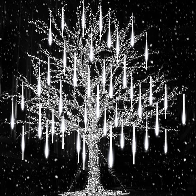 Brightown Meteor Shower Lights Outdoor, 16 Inches 16 Tubes 576 LED Icicle Lights, Waterproof Meteor Christmas Light, Hanging Falling Rain Light for Tree Bushes Holiday Party Christmas Decor,White