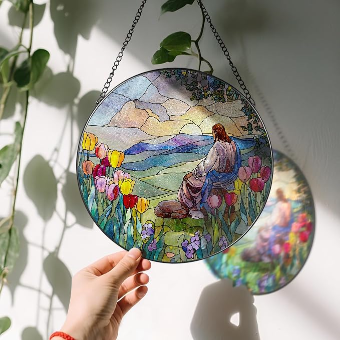 Stained Glass Suncatcher, Jesus and Sunrise Sun Catcher Ornament; Stained Glass Window Hanging, Christmas Ornament, Christian Home Decor; Baptism Gift, Christian Gifts, Religious Gifts