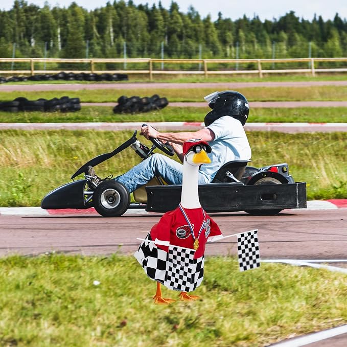 CAMDUCK Porch Goose Racing Outfits Race Car Driver Outfit Costume Racer Checkered Goose Clothes for Cement Lawn Geese