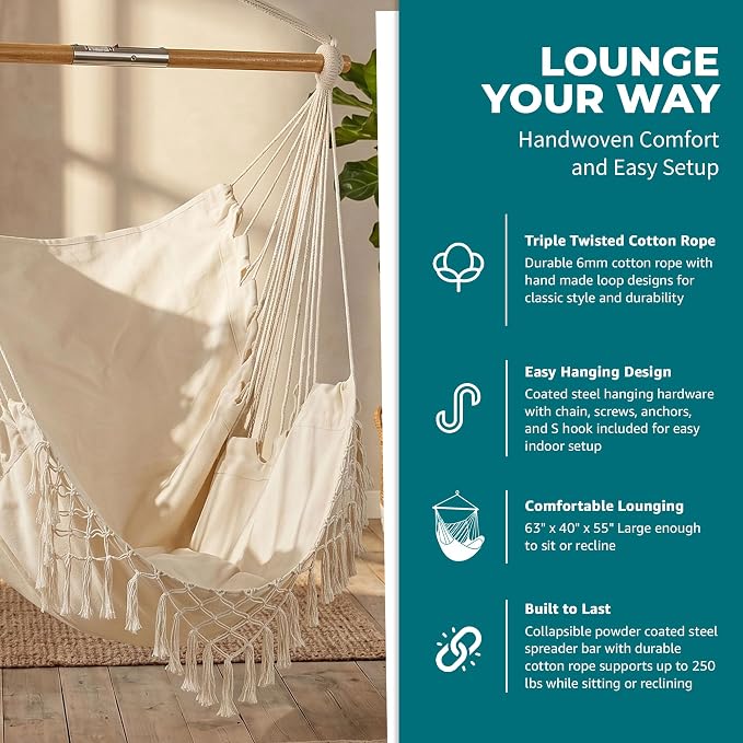 Bliss Hammocks BHC-412FR 40" Island Rope Fringe Hammock Chair w/Hanging Hardware & Spreader Bar, Outdoor, Patio, Lawn, Eco-Friendly, Hand-Woven, 250 Lbs Capacity, Natural