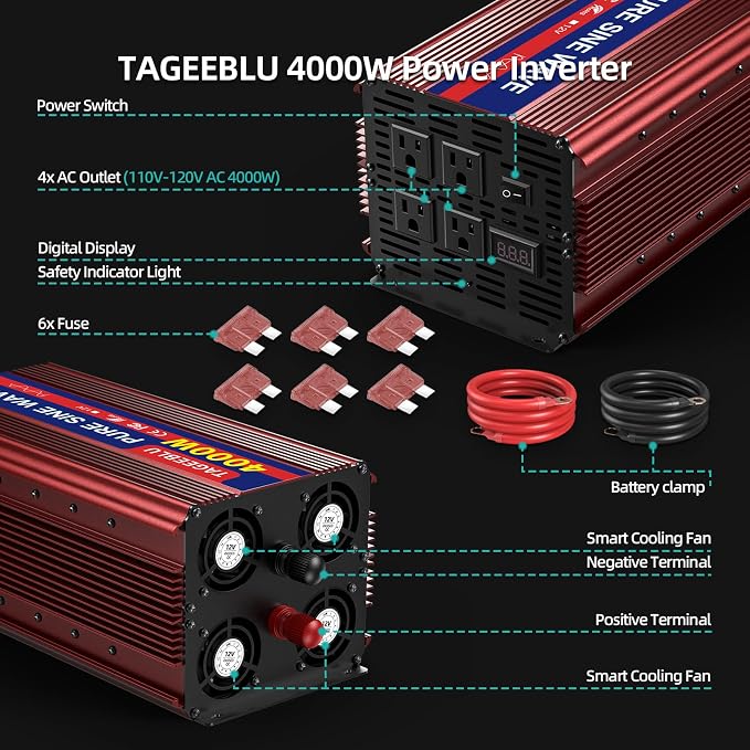 4000W Pure Sine Wave Inverter [8000W Surge], 12V DC to 110V AC Heavy Duty Power Inverter for RV, Truck, Home, Solar, Off-Grid, Outdoor, Car Converter with Dual AC Outlets and LCD Display