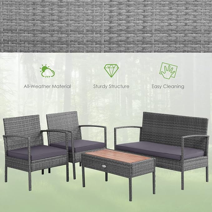 Tangkula 8 Pieces Rattan Patio Conversation Set, Patiojoy Outdoor Wicker Sofa with Seat Cushions, Heavy-Duty Steel Frame, Acacia Wood Tabletop, Outdoor Furniture for Poolside, Deck, Garden