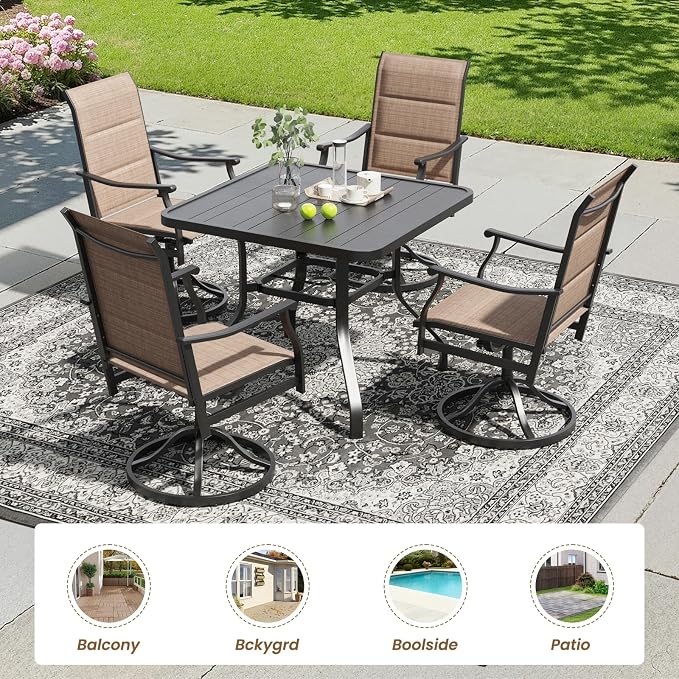 Soohow Patio Dining Set for 4, 5-Piece Outdoor Table and Chairs Set, 4 x Swivel Outdoor Dining Chairs with Paded Textilene and 35"x35" Patio Table with 1.57" Umbrella Hole for Poolside, Backyard