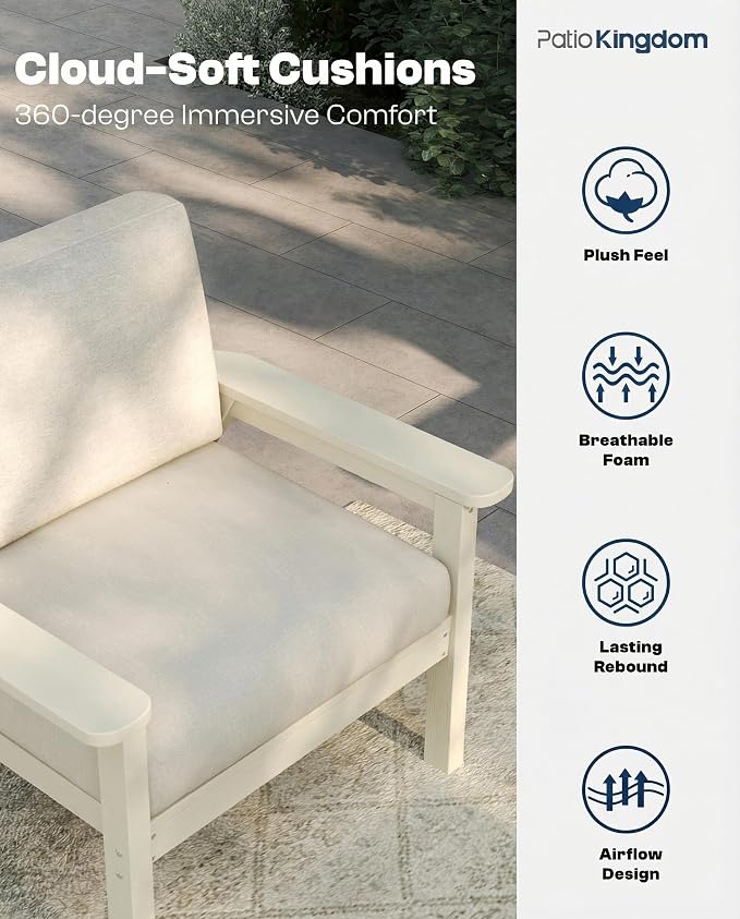 Patio Furniture Set 2 Seats, HDPE Outdoor Sectional with Beige Washable Thick Cushions, Coffee Table, Patio Conversation Sets for Lawn, Garden, Porch, Balcony, Deck (White Frame)