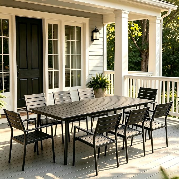9-Piece Outdoor Dining Set for 8 Person with Black Wood-Grain Top | Armrest Stackable Chairs with 19.4" Seat Depth, Aluminum Frame Dining Furniture with Umbrella Hole for Deck, Porch & Backyard