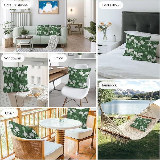 Throw Pillow Covers 16x16 Inch Set of 2, Tropical Palm Tree Waterproof Outdoor Pillow Covers, Green White Plants Coastal Leaf Beach Decorative Cushion Pillowcases for Couch, Sofa, Bed, Garden, Patio