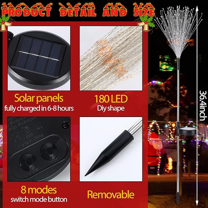 Tujoe 6 Pcs Christmas in July Solar Firework Stake Lights 180 LED 8 Modes Solar Waterproof LED Sparkler Lights Outdoor Decoration for Garden Patio Yard Pathway Walkway Lawn Xmas (Red Green White)