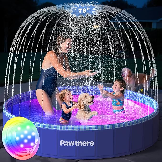 Foldable Dog Pool with Sprinkler RGB LED Light, 79" Collapsible Hard Plastic Kiddie Swimming Splash Pool for Small Medium Large Doggie Kitty Puppy, Pet Bathing Tub Wading Pool for Dogs Blue
