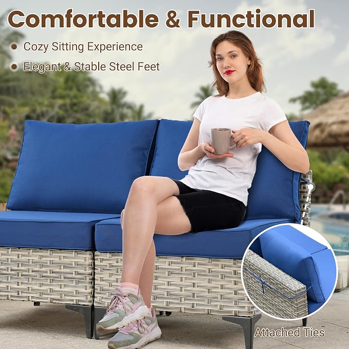 7 Pieces Wicker Patio Furniture Set,Outdoor Sectional Sofa with Coffee Table Comfy Cushions,Modern Modular Deep Seat Rattan Couch Conversation Set,Navy Blue