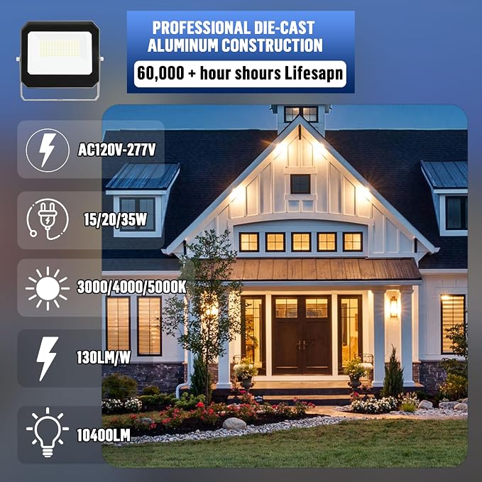 LED Flood Lights Outdoor 15/20/35W and 3000/4000/5000K Adjustable 3900Lm,Dusk-to-Dawn Sensor o Dawn Flood Light for Yard, Garage, Garden,UL Listed,Includes Yoke Mount UL Listed