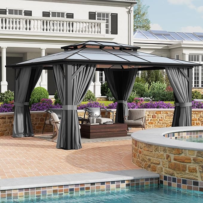 12’x14’ Hardtop Gazebo with Double Polycarbonate Roof Outdoor Metal Gazebo Sturdy Aluminum Frame & Removable Curtains, Netting Permanent Pavilion Pergola for Garden,Patio,Lawn (Gray)