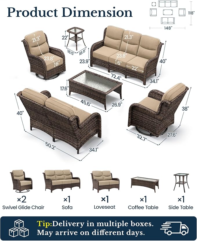 HILLGA Luxury Outdoor Patio Furniture Set with 6-Inch Thick Cushions, High Back Wicker Swivel Rocker Chairs, 6 Pcs All Weather Conversation Set for Large Deck, Yard and Poolside, Beige (V3)